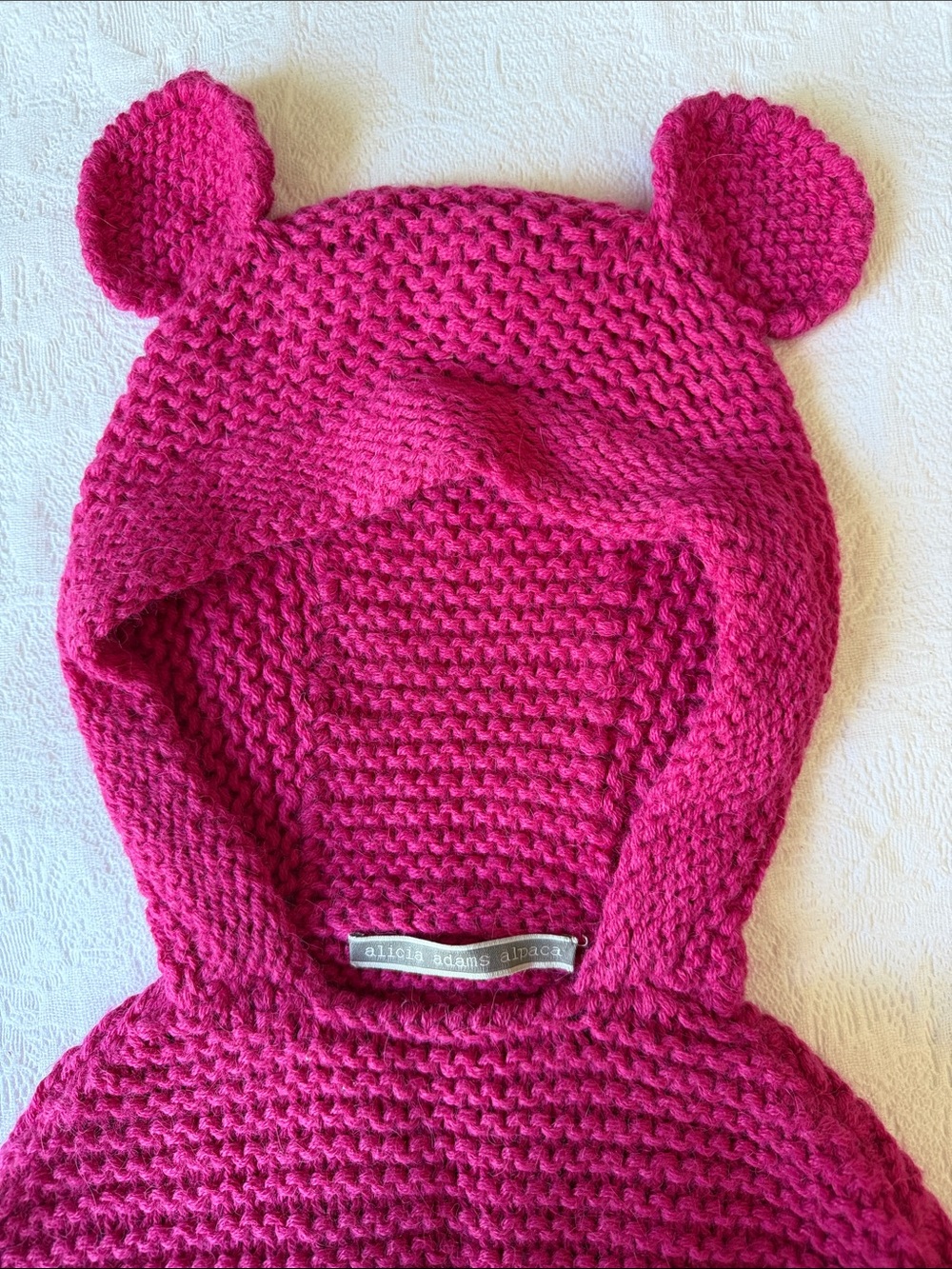 NWOT Alicia Adams Alpaca Hot Pink Knit Hooded Poncho with Ear Details 12-18month